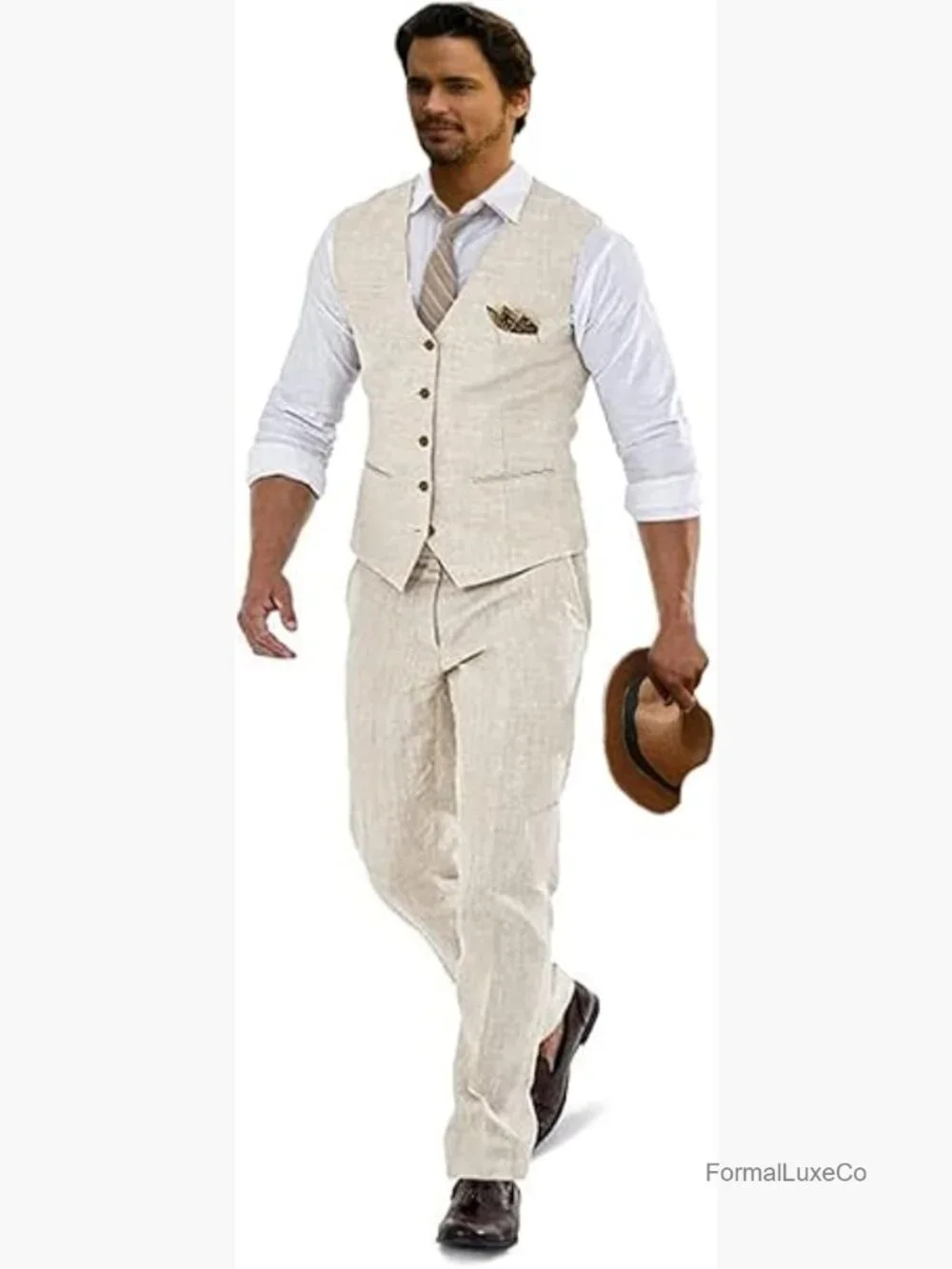 Men's Linen 2-Piece Suit Set - Vest & Pants, Slim Fit Casual Wedding Tuxedo
